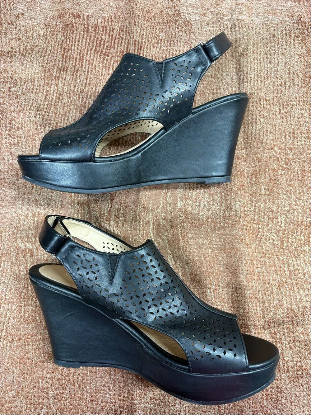 Black Wedge Sandals for Women - Sleek Perforated Design